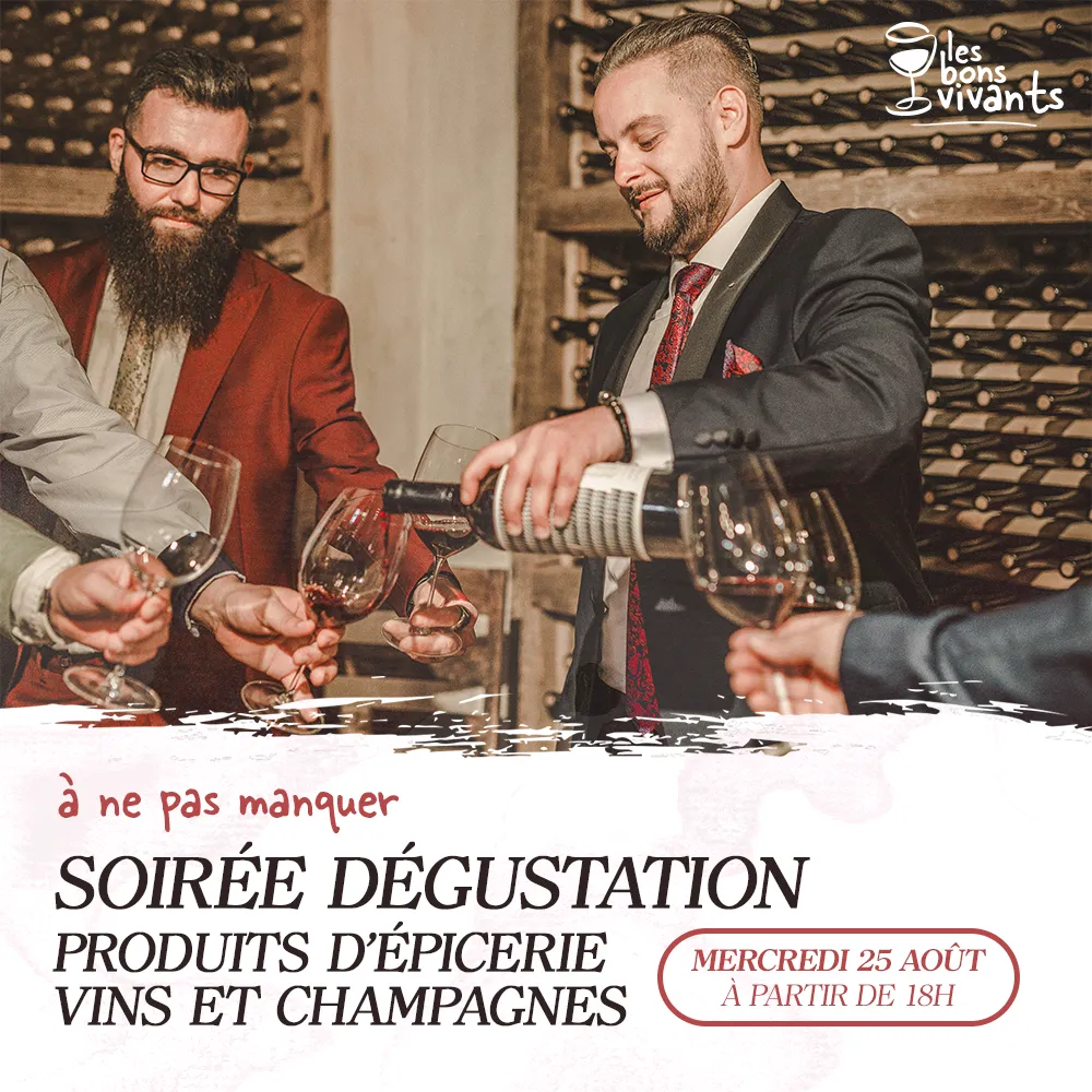 Post Instagram des Bons Vivants annonçant une soirée dégustation, produits d’épicerie, vins et champagnes, le mercredi 25 août à partir de 18 h, sur une photo de service du vin dans la cave.