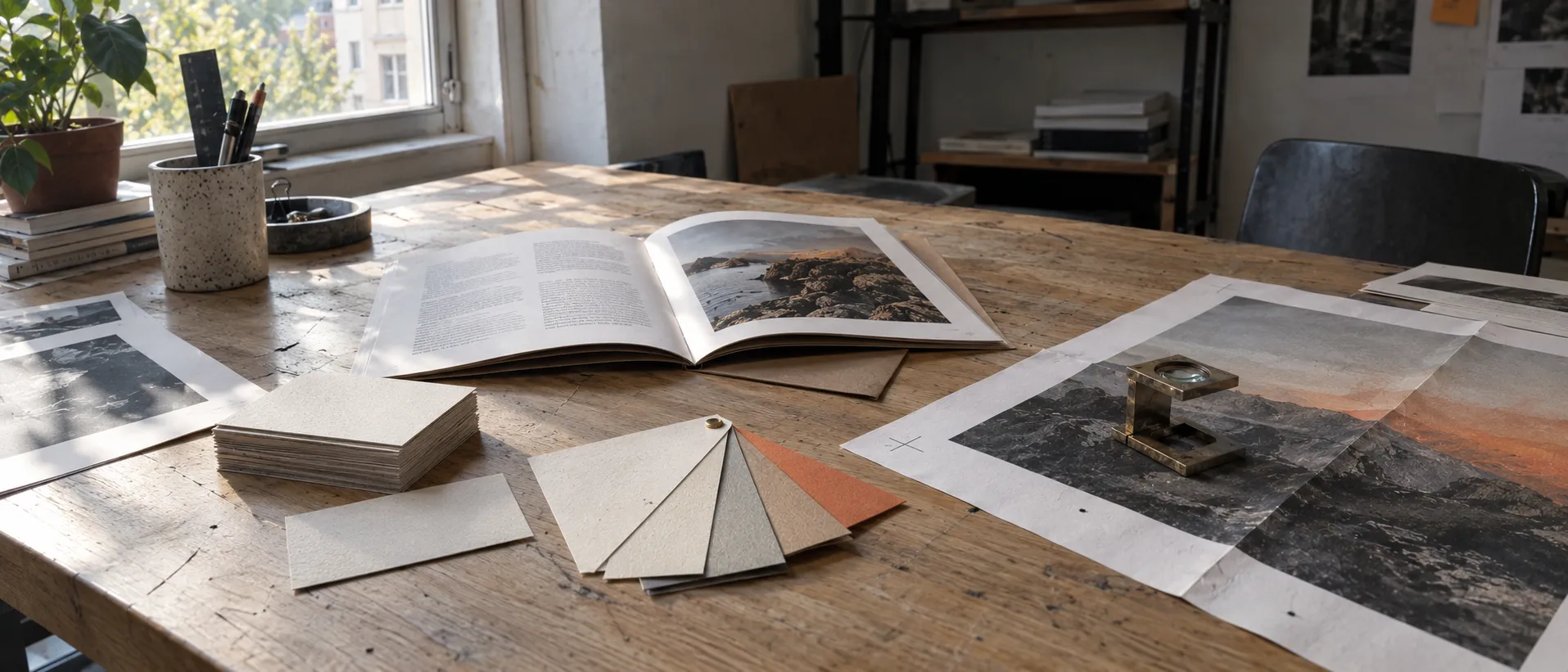 Table de travail d’un atelier : brochure ouverte, cartes de visite, nuancier de papiers et épreuve d’affiche sous un compte-fils.