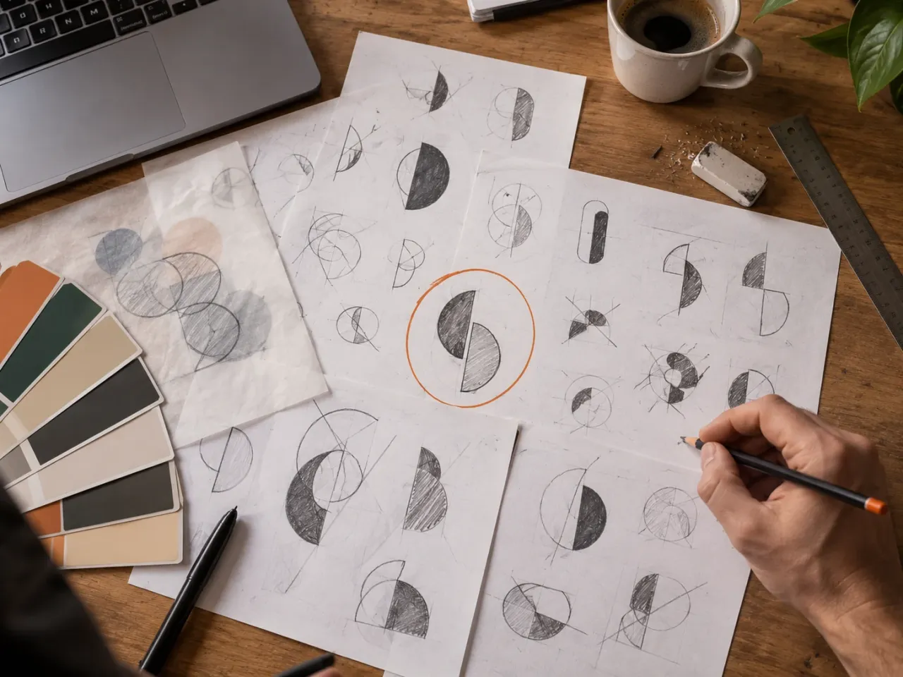 Vue en plongée d’une phase de recherche graphique avec croquis de logos, esquisses géométriques et palette de couleurs lors de la conception d’une identité visuelle