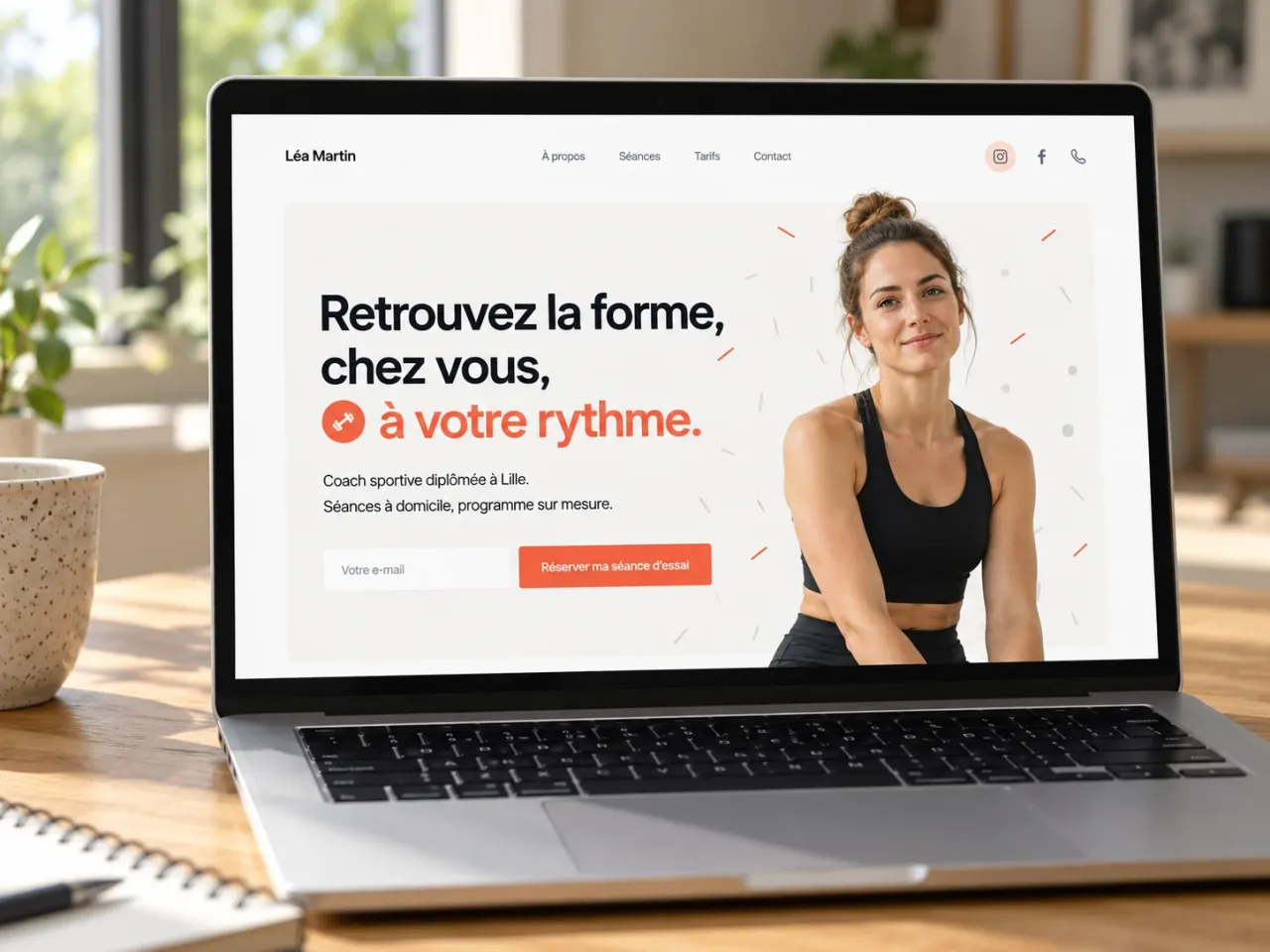 Mockup d’un site web moderne pour une coach sportive à Lille, présenté sur un ordinateur portable dans un environnement lumineux et naturel.