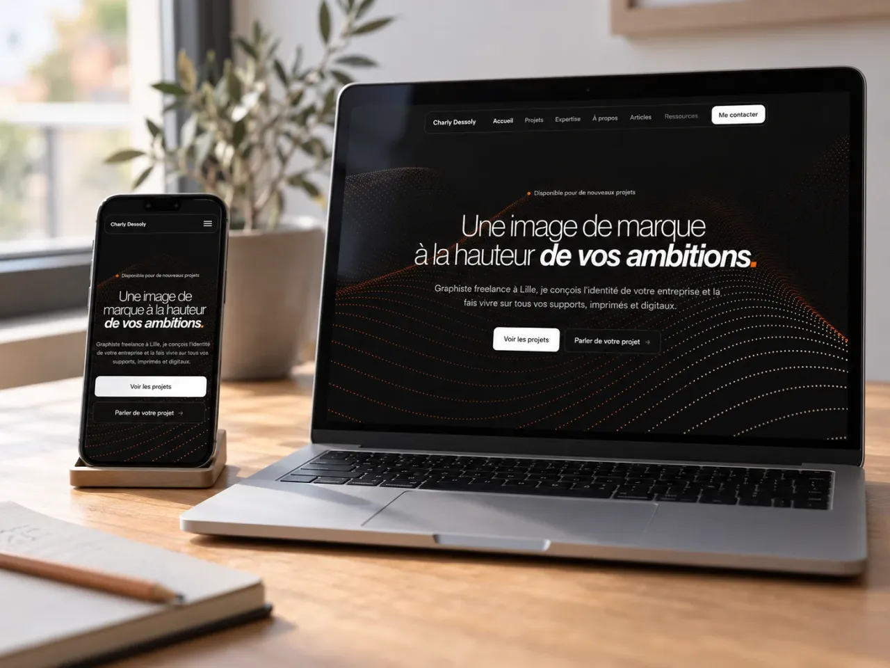 Présentation responsive du portfolio de Charly Dessoly, graphiste et directeur artistique freelance à Lille, affiché sur ordinateur portable et smartphone