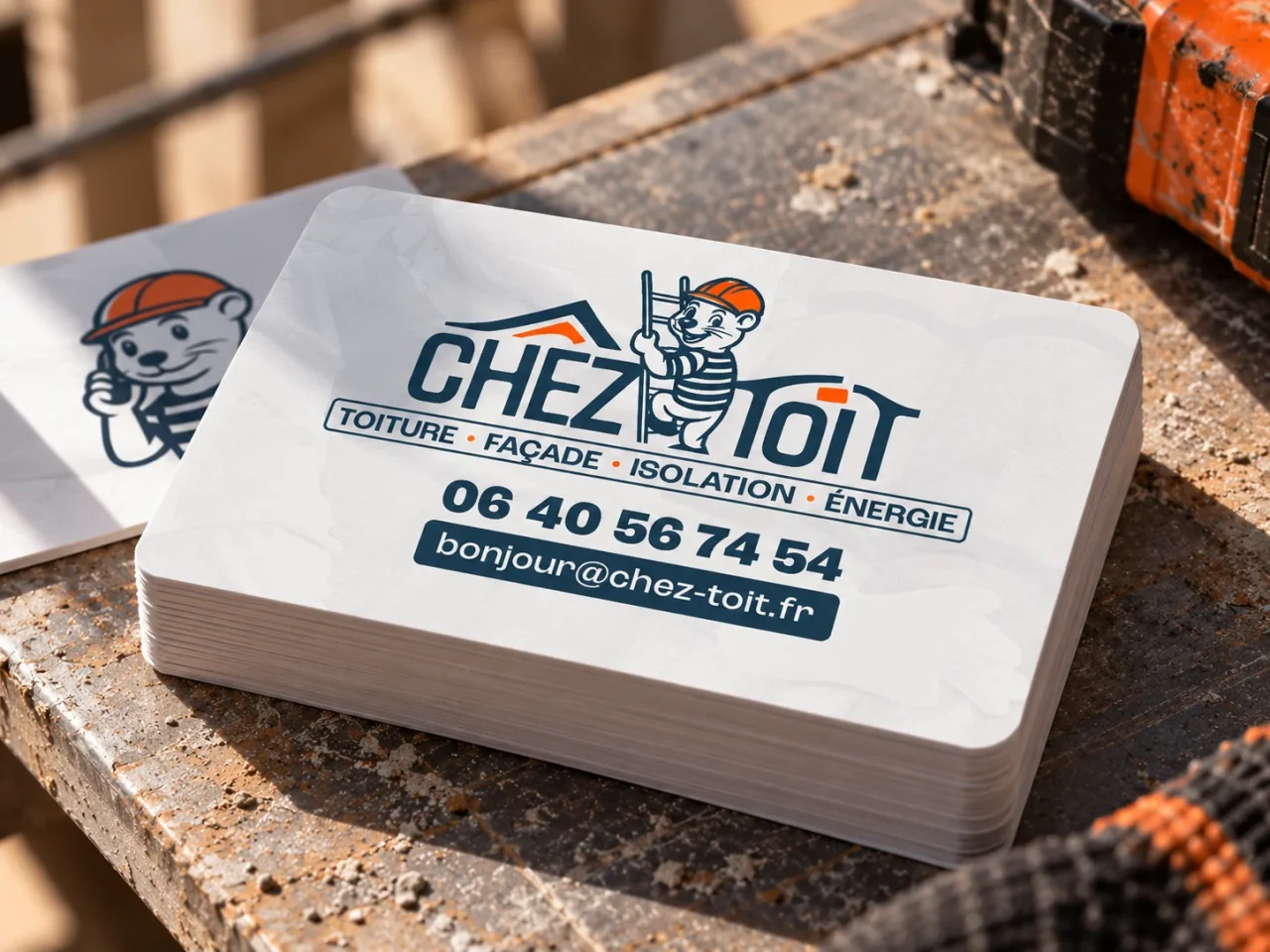 Cartes de visite de Chez Toit photographiées sur un établi.