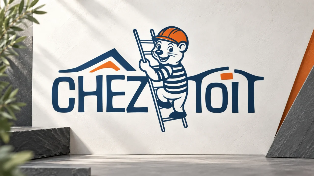Logo bleu et orange de Chez Toit avec une hermine sur une échelle.