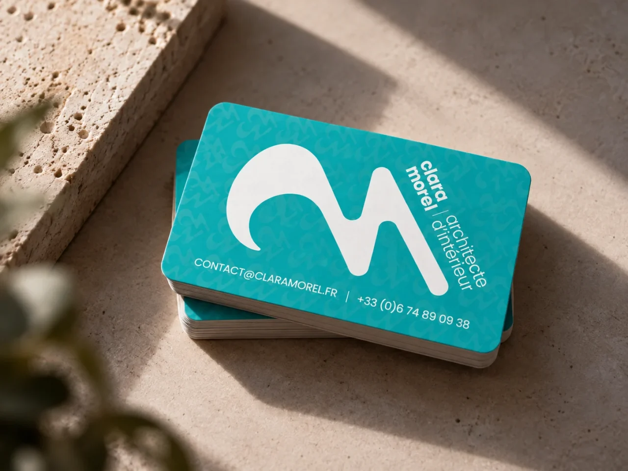 Cartes de visite turquoise de Clara Morel, architecte d’intérieur, avec monogramme blanc, posées sur une surface minérale.