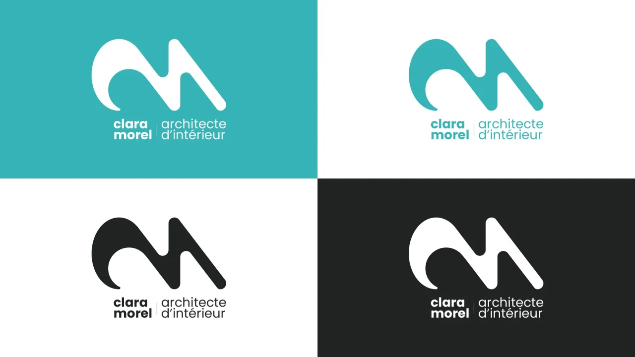 Déclinaisons du monogramme CM de Clara Morel en turquoise, noir et blanc sur différents fonds.