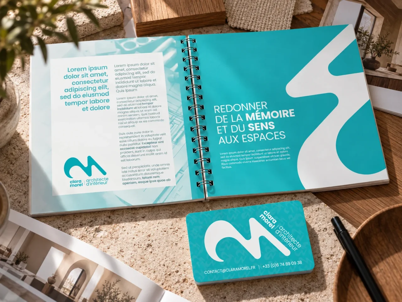 Brochure et carte de visite de Clara Morel, architecte d’intérieur, présentant une identité visuelle turquoise dans un décor aux matières naturelles.