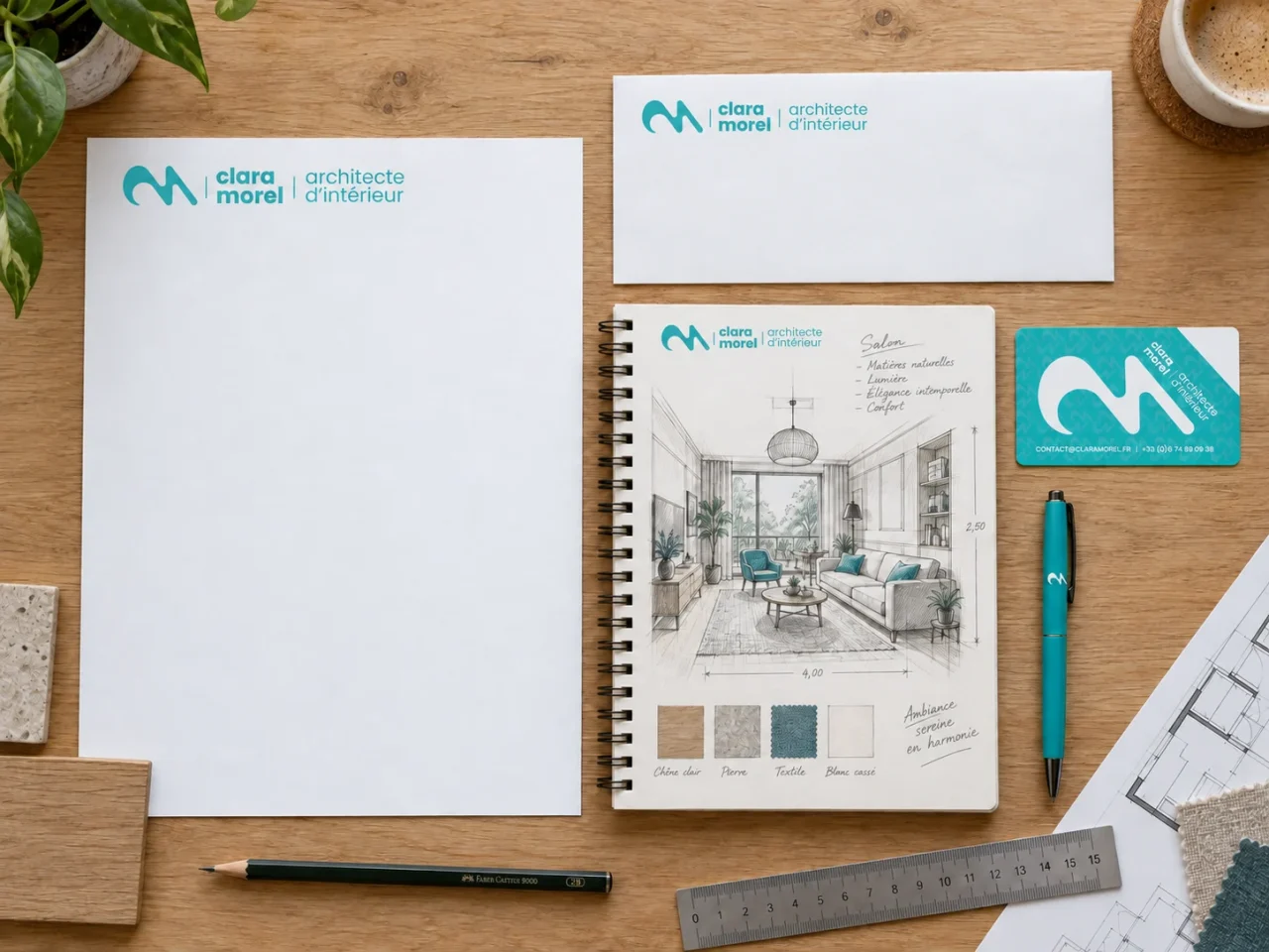 Mockup de papeterie pour Clara Morel, architecte d’intérieur, comprenant papier à en-tête, enveloppe, carte de visite, carnet de croquis et stylo personnalisé sur un bureau en bois.