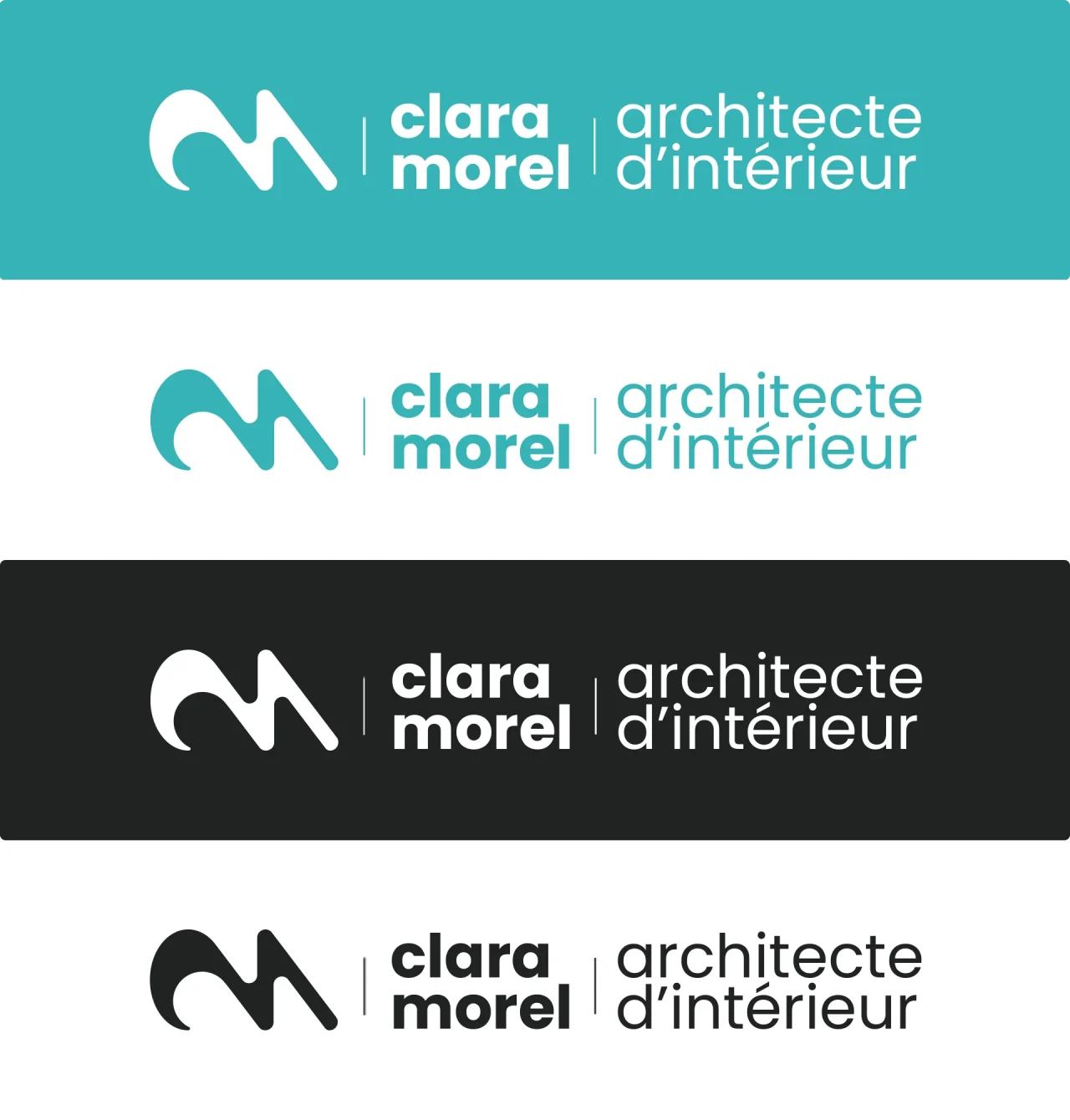 Versions horizontales et verticales du logo Clara Morel, architecte d’intérieur, sur fonds turquoise, blanc et gris.