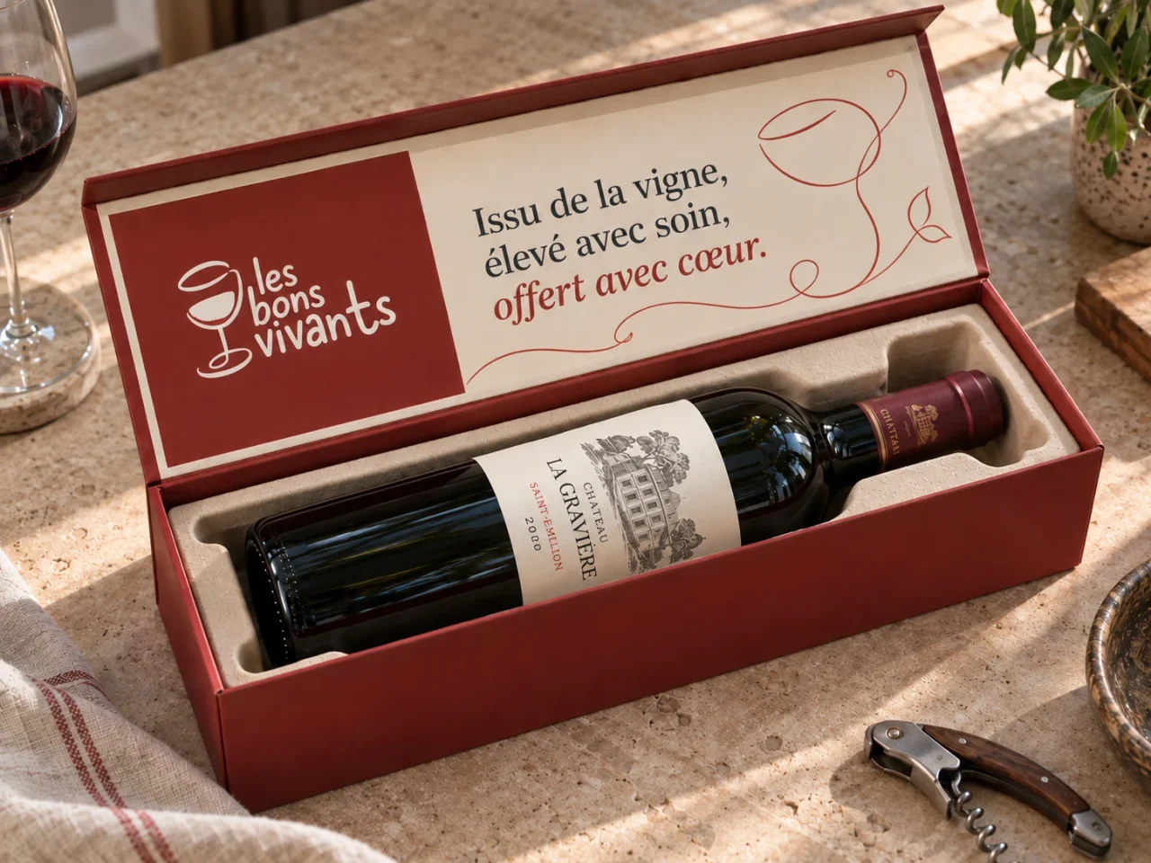 Caisse à vin en bois personnalisée aux couleurs des Bons Vivants