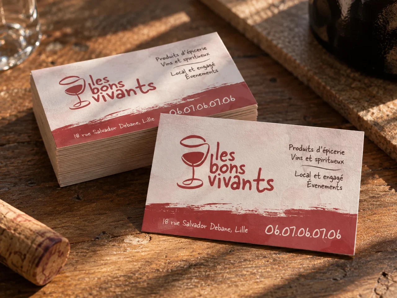 Cartes de visite des Bons Vivants, épicerie et cave à Lille : le logo au verre de vin et le bandeau rouge, posées sur une table en bois.