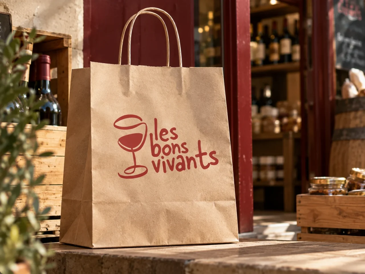 Mockup de sac kraft Les Bons Vivants, mettant en valeur l’identité visuelle d’une épicerie fine et cave à vin dans un univers chaleureux et artisanal.