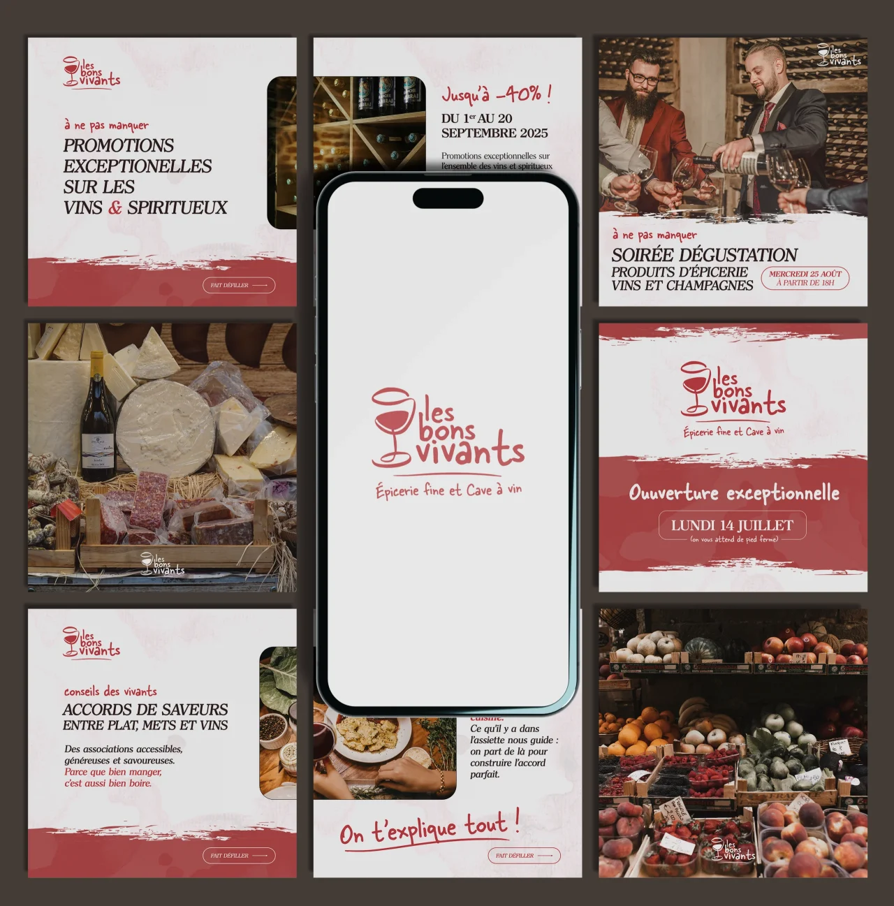Publications Instagram des Bons Vivants autour d’un téléphone : promotions, soirée dégustation, conseils d’accords et ouverture exceptionnelle, dans leur rouge et leur typographie.