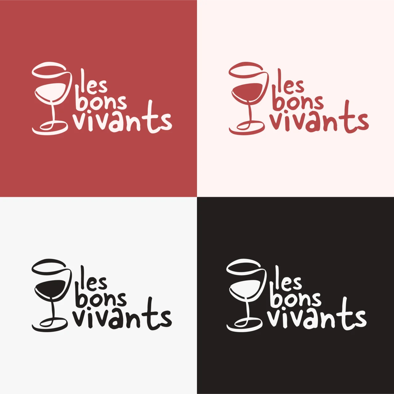 Déclinaisons du logo Les Bons Vivants en rouge, crème, noir et blanc, associant un verre à vin illustré à un lettrage manuscrit.