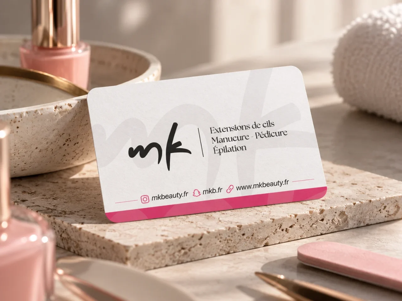 Carte de visite rose et blanche créée pour MK Beauty, esthéticienne spécialisée dans la beauté du regard à Montpellier.