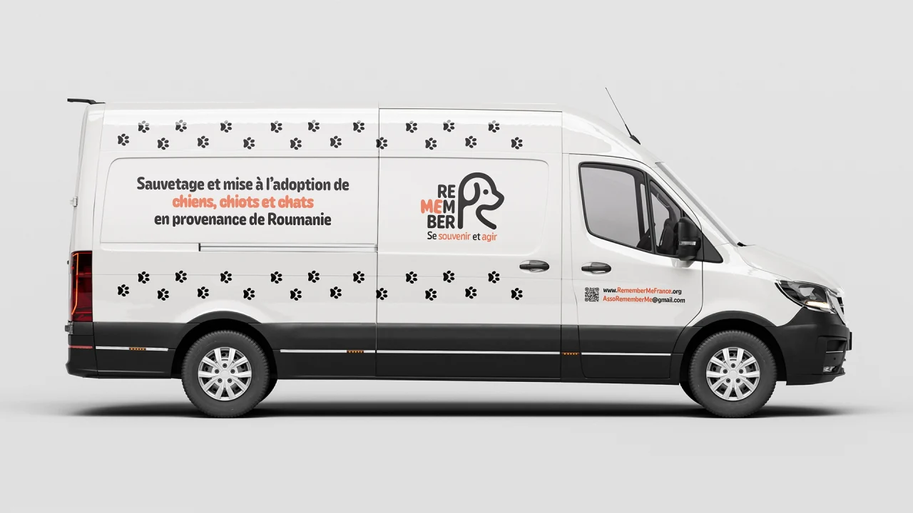Marquage latéral d’un véhicule blanc Remember Me France avec le logo, la mission de l’association, ses coordonnées et un motif de traces de pattes.