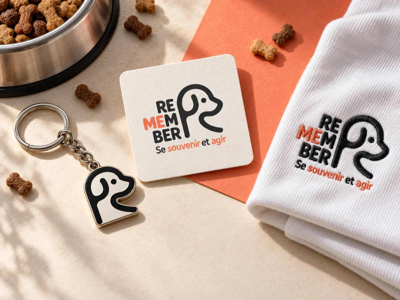 Mise en scène de trois supports conçus pour Remember Me France : une carte carrée aux angles arrondis, un porte-clé et un tee-shirt blanc. L’ensemble reprend le logo de l’association ainsi que sa palette orange corail et anthracite.