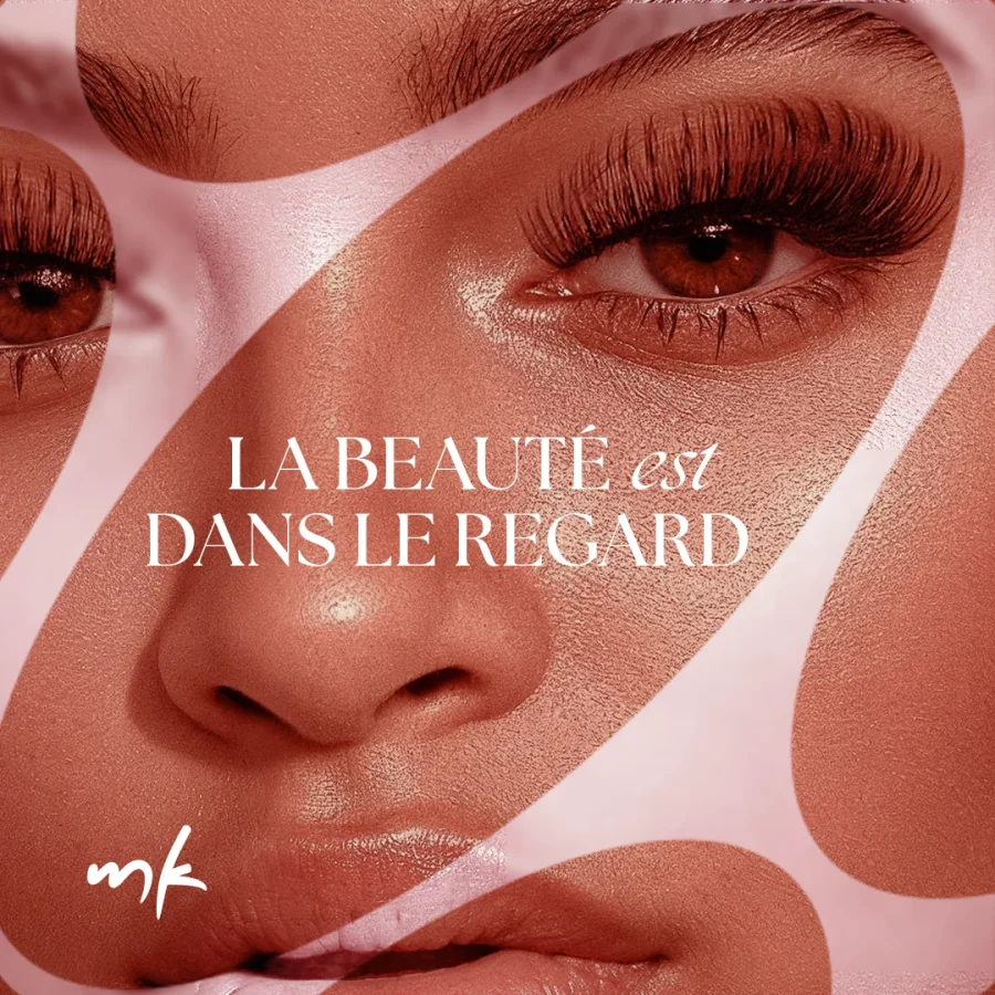 Création graphique pour Instagram mettant en scène la beauté du regard dans l’univers rose de MK Beauty.