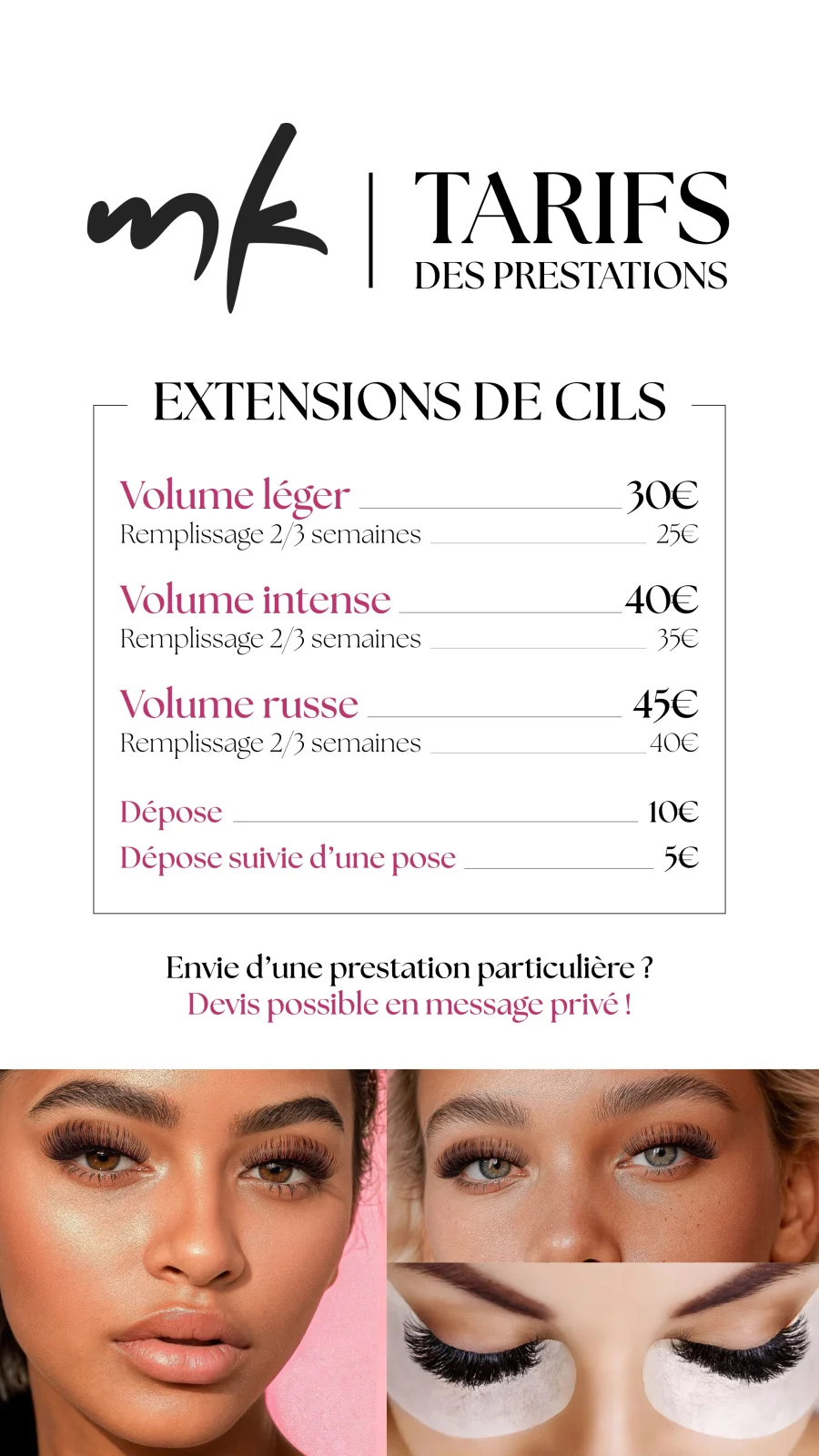 Story Instagram présentant les tarifs des extensions de cils de MK Beauty dans une maquette de smartphone.