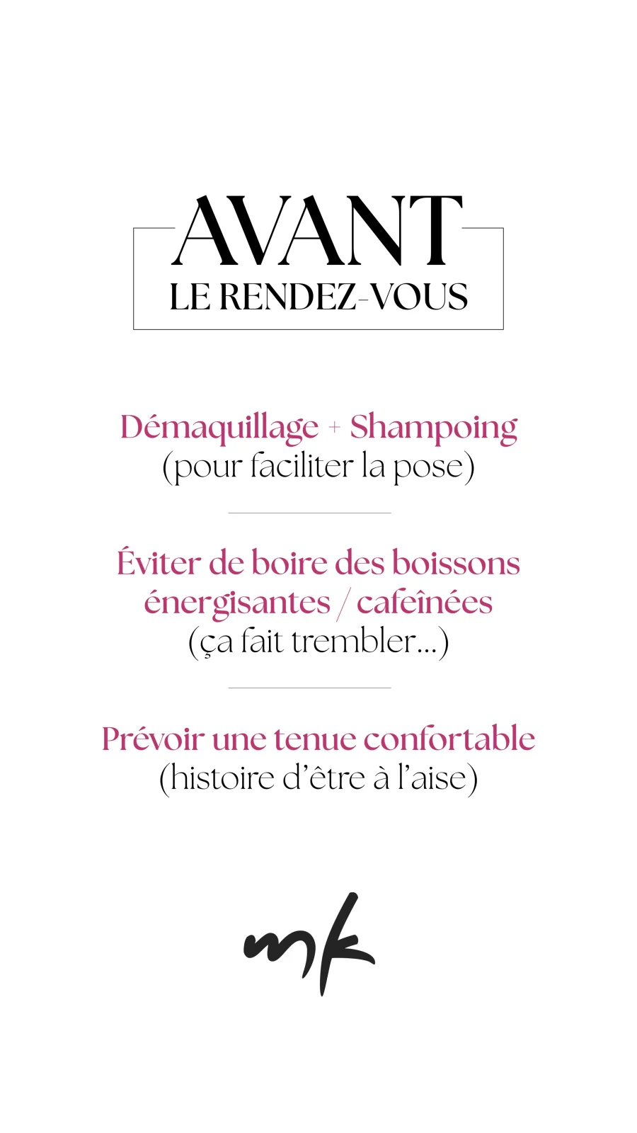 Story Instagram MK Beauty contenant des recommandations de préparation avant un rendez-vous esthétique.