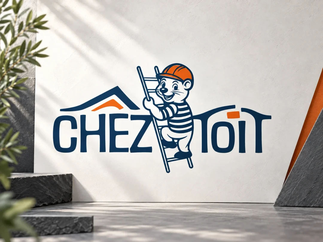 Logo de Chez Toit, composé d’un lettrage bleu et orange et d’une mascotte d’hermine sur une échelle, présenté sur un mur clair entouré d’éléments en ardoise.