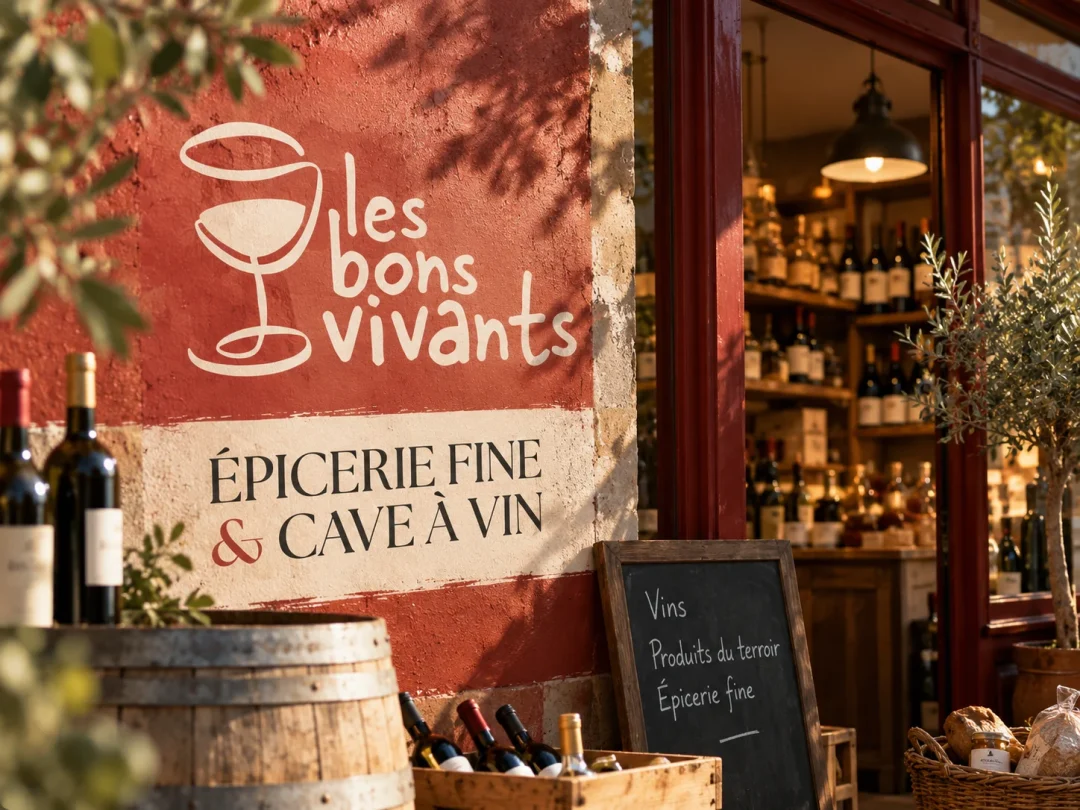 Identité visuelle Les Bons Vivants déclinée sur une devanture d’épicerie fine et cave à vin, dans une ambiance chaleureuse, authentique et conviviale
