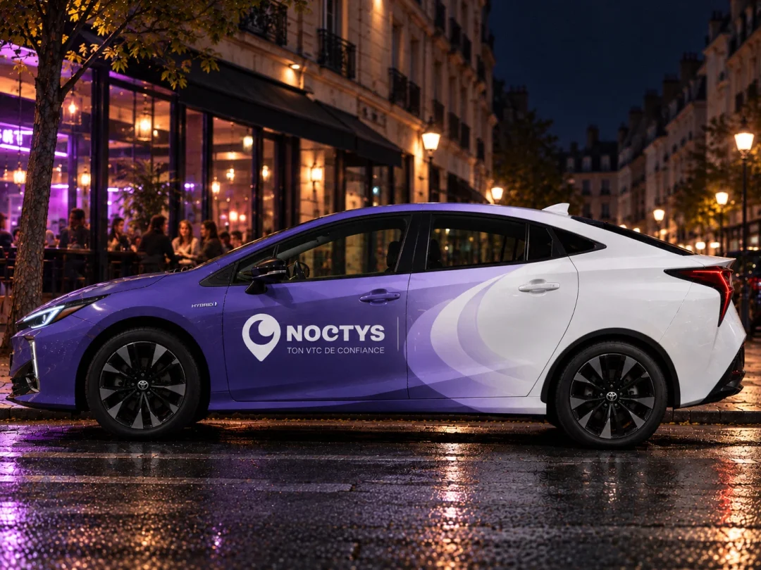 Mockup photoréaliste d’une Toyota Prius 2024 habillée aux couleurs de Noctys, service VTC de nuit, avec covering violet et blanc, logo, QR code et CTA de réservation.