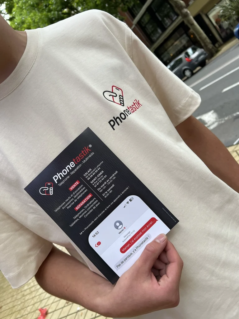 T-Shirts et flyers de la boutique de téléphonie Phonetastik