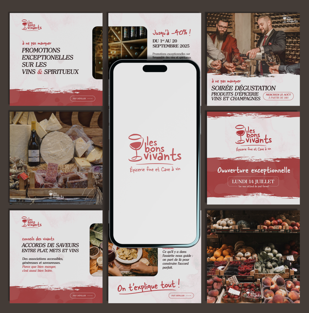 Design de publications instagram pour une épicerie et cave à vin